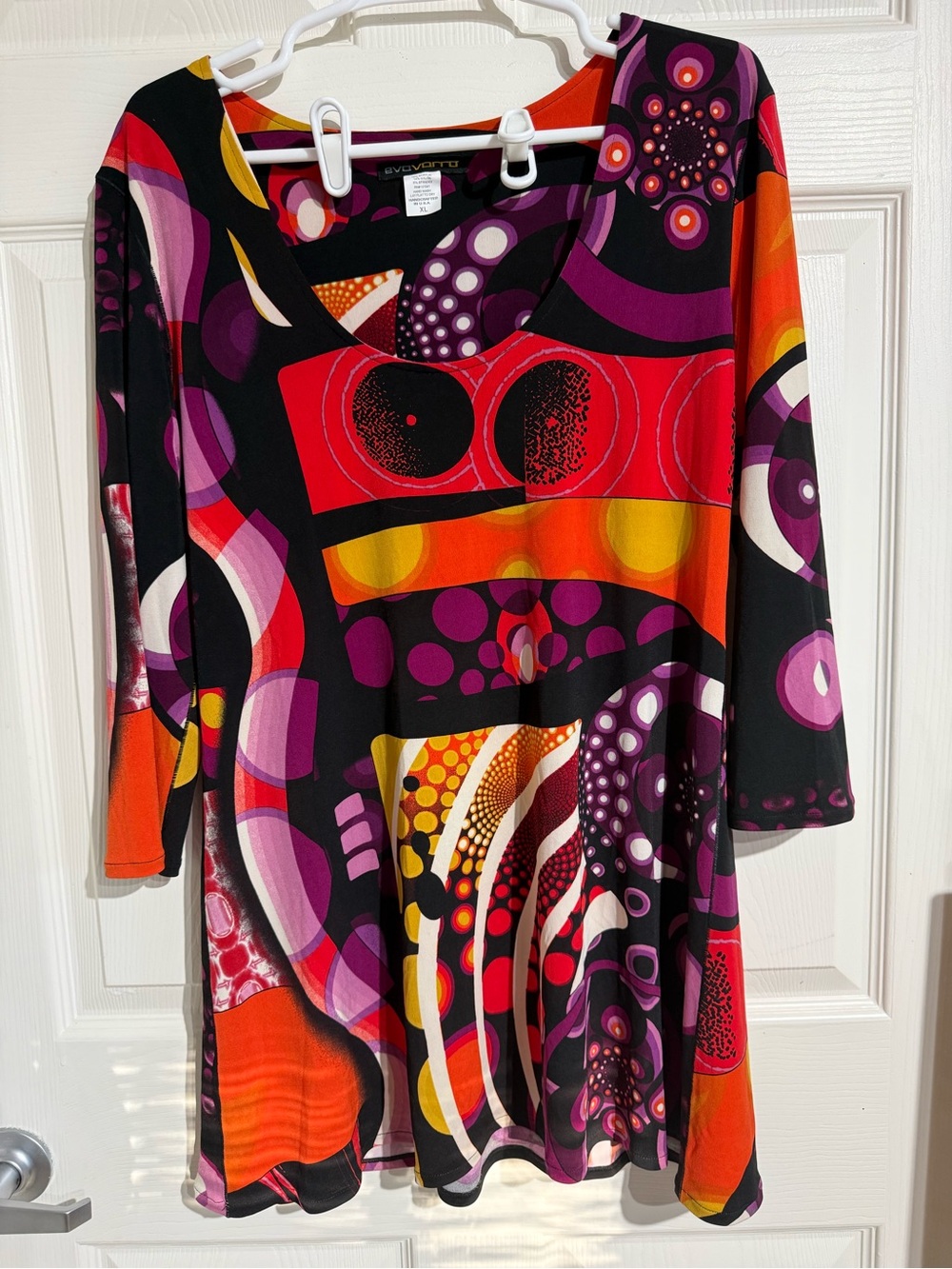 Eva Varro Signature  Bold Retro 3/4 SleeveTunic-Geometric Pattern Stretch , XL